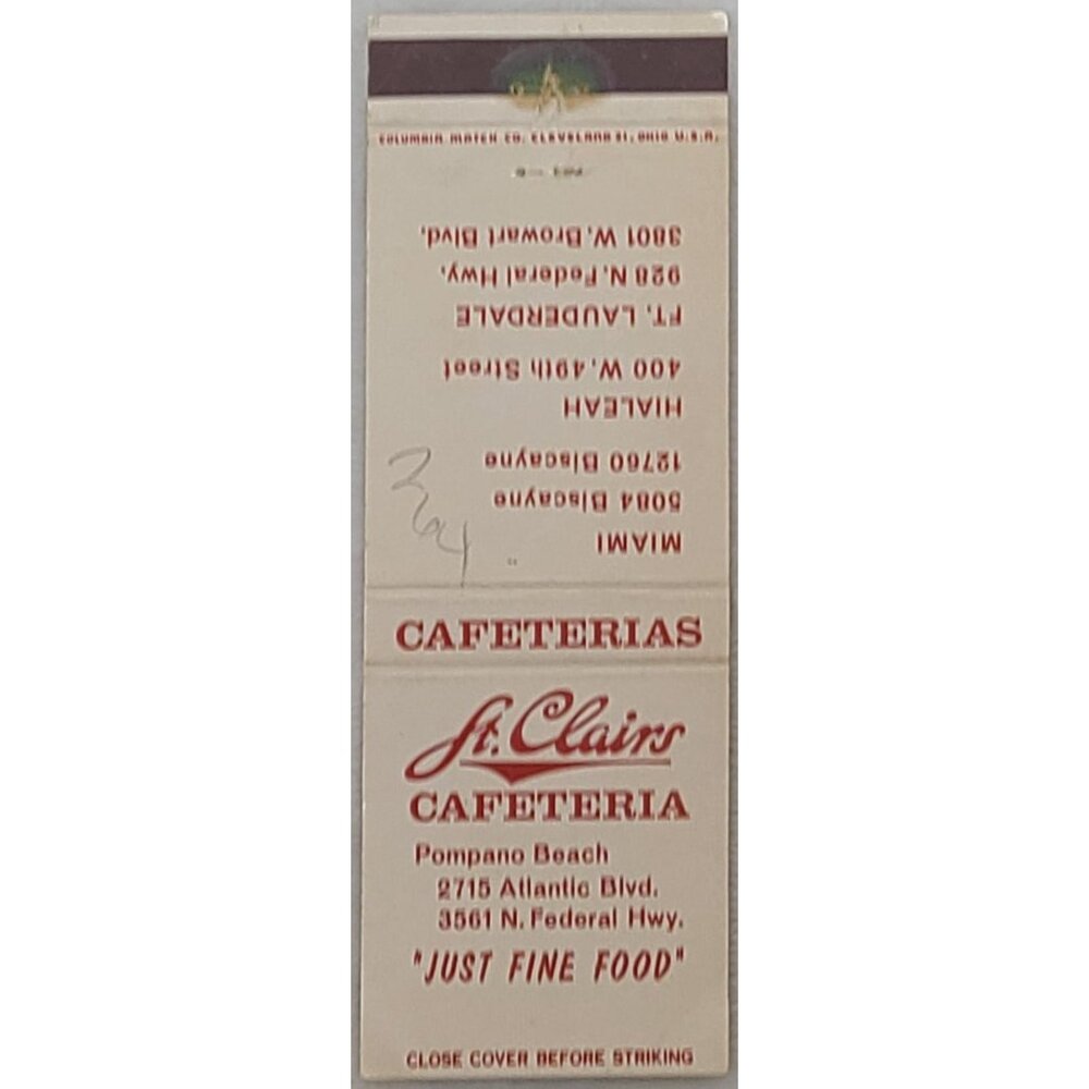 Front Strike Matchbook Cover St Clair's Cafeteria Pompano Beach FL Florida